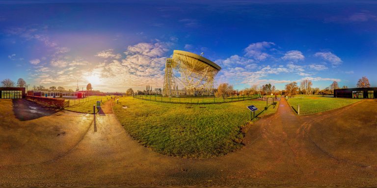 Lovell Telescope at Jodrell Bank Observatory, near Goostrey, Cheshire. Mark II radio telescope (left). Panorama.