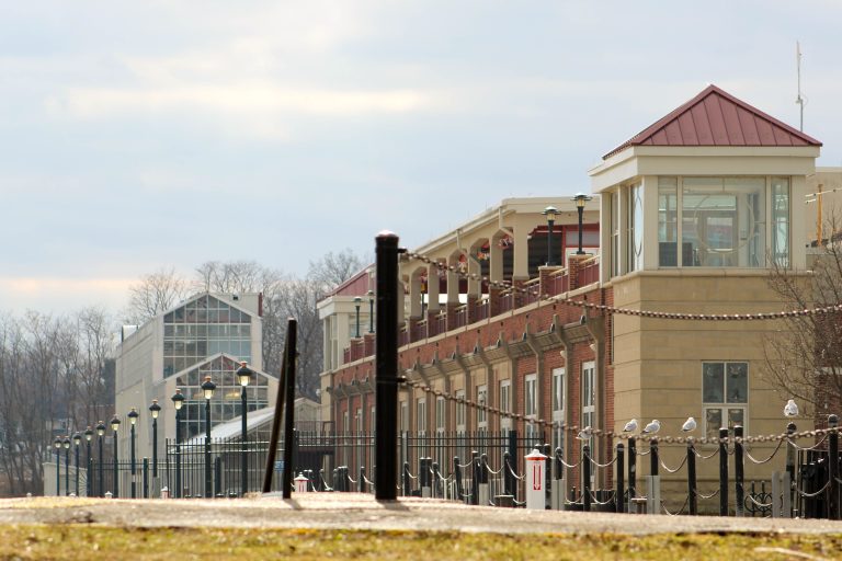 Buildings and street lamps.