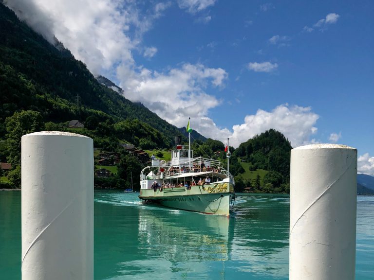 Paddle steamer approaching a pier on Lake Brienz, Switzerland