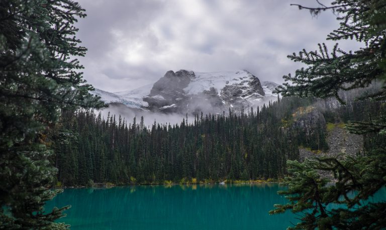 A glacier sits high above Second Joffre Lake in British Columbia, Canada