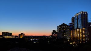 Austin, TX cityscape at dusk.
