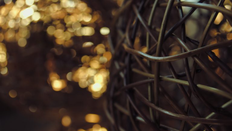 A handicraft nest, with lights in the backround in a bokeh effect.