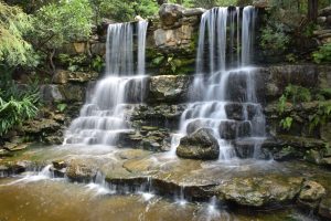 Long exposure of two waterfalls at the Zilker Gardens in Austin, Texas