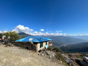 A tourist resting place with beautiful fish tail mountain in the background from near Pokhara, western Nepal.