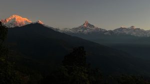 Fish tail mountain during evening sunset as seen from near Pokhara, Western Nepal.