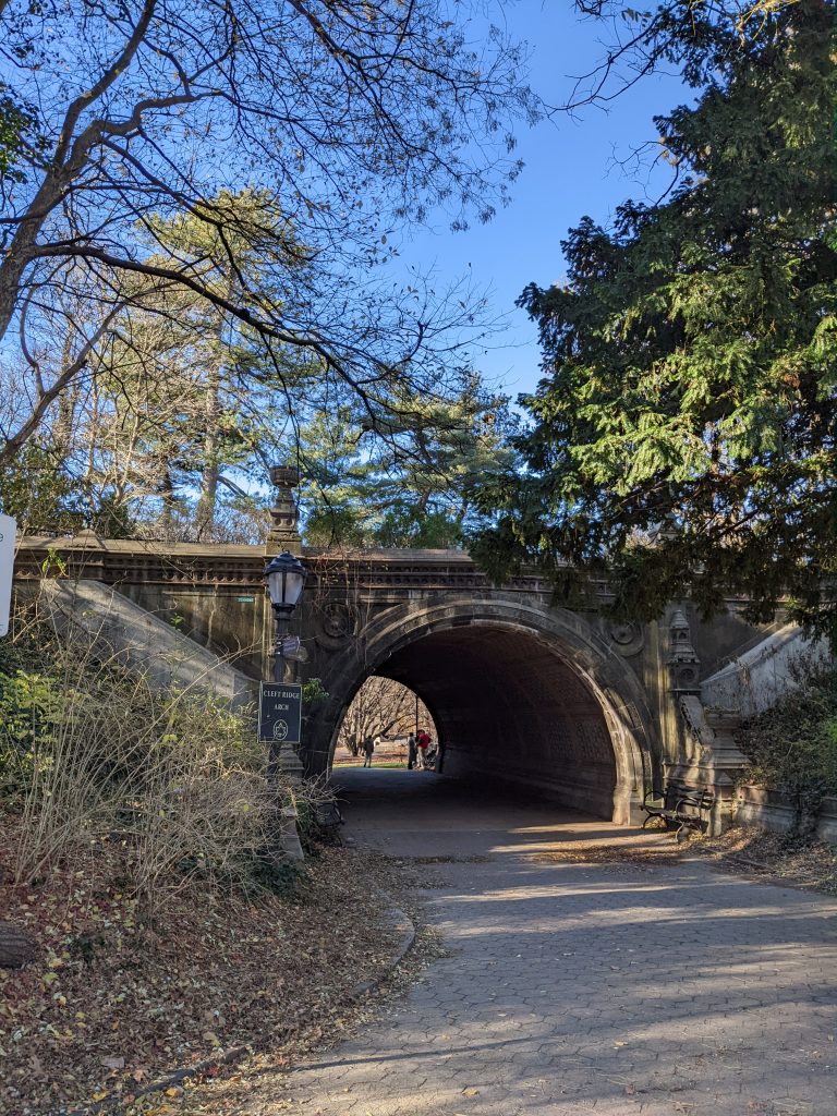 An arch bridge, with tunnel in Prospect Park