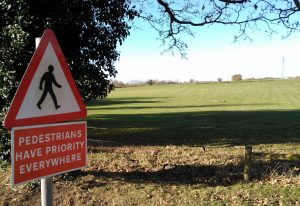 View larger photo: A sign saying "Pedestrians Have Priority Everywhere" near a grassy field.