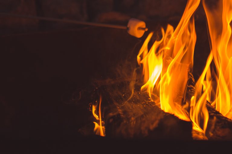 A single marshmallow roasting over a crackling campfire.