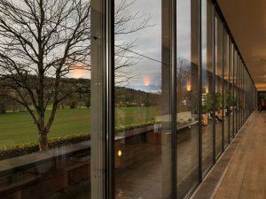 View through the windows of Fondation Beyeler, a museum of modern art near Basel, Switzerland
