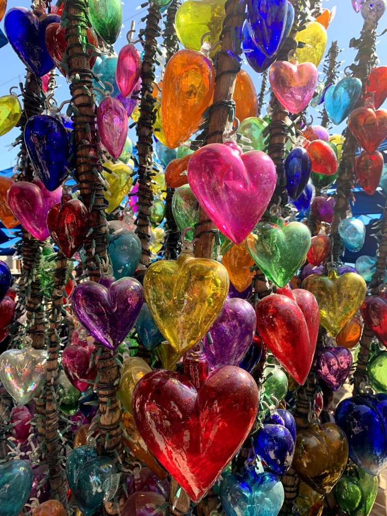 Glass hearts in a rainbow of colors