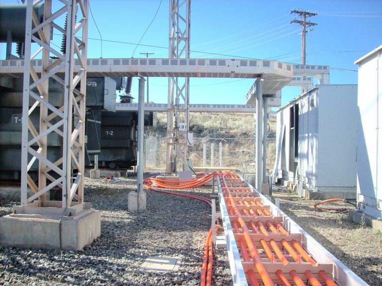 350 MCM cable, double stacked in 24″ aluminum cable tray in a substation