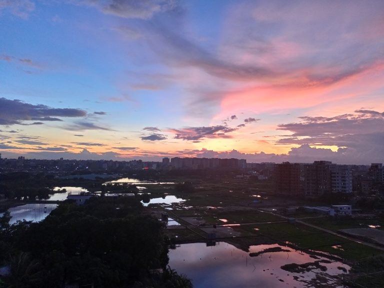 Sunset over a city.