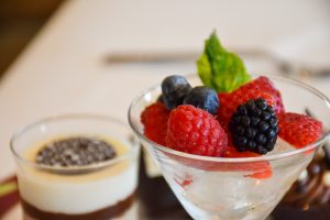 A dessert of blackberries, strawberries, raspberries, and blueberries