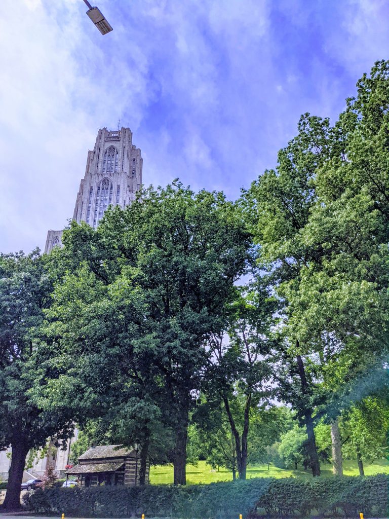 A tall gothic-style building, University of Pittsburgh’s Cathedral of learning, partially obscured by trees.