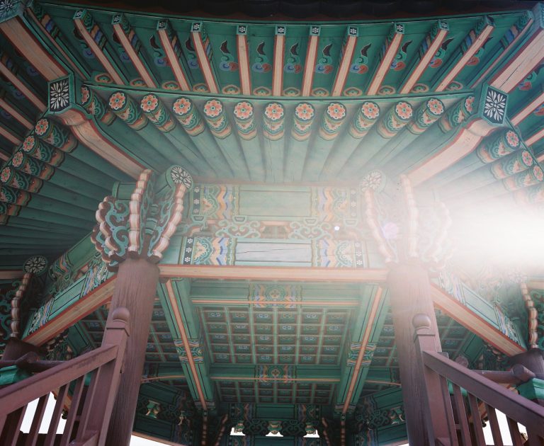 Traditional Korean roof seen from below.