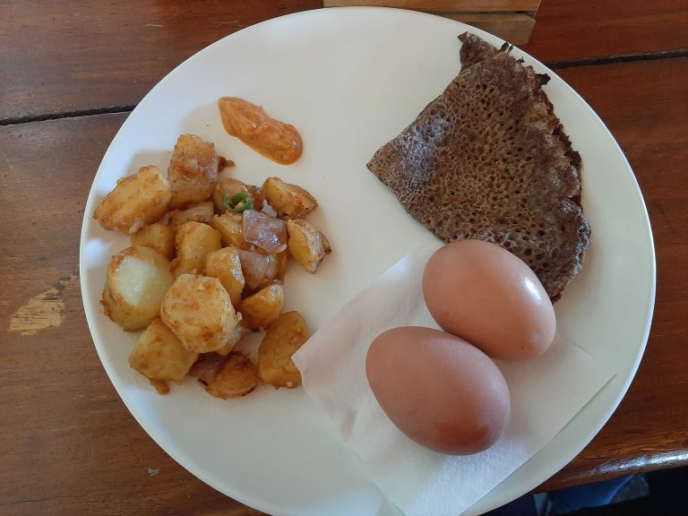 Breakfast from Himalayas – Millet Bread, Spicy Potato, Pickle, and Eggs