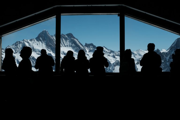 Crowd gathers to view Swiss mountains