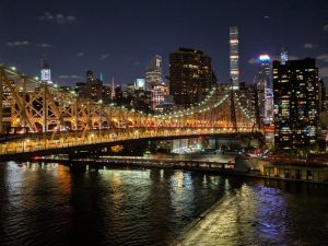 The Queensboro Bridge and Manhattan skyline at night in New York City.
