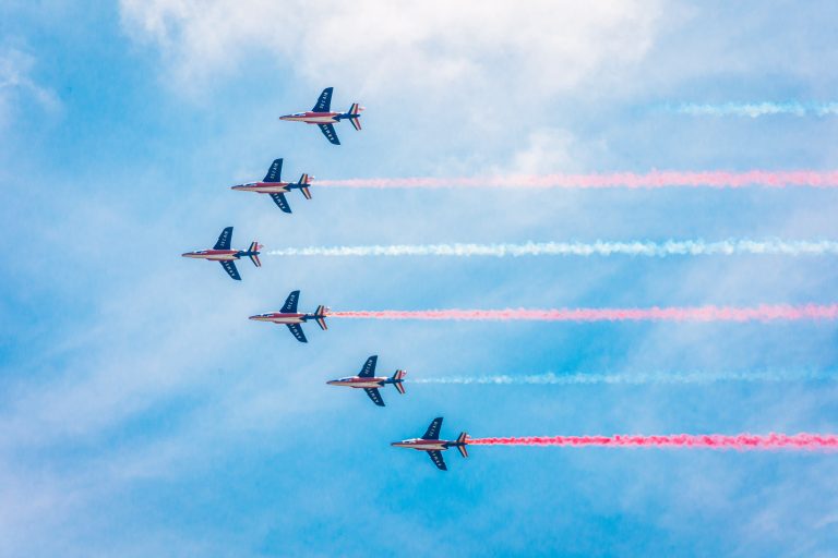 French Armee Del’air planes in formation at an air show