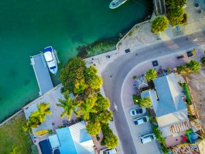 Drone aerial view of a waterside road