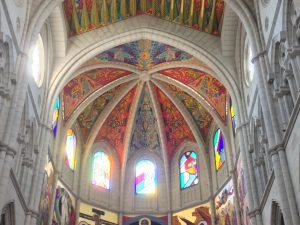 Ornate ceiling in Catedral de la Almudena (Almudena Cathedral), Madrid, Spain