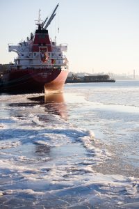 Bulk carrier Lady Begum in the ice on the Hudson River