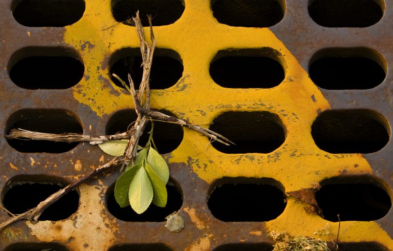 Yellow stripe on a sewer grate