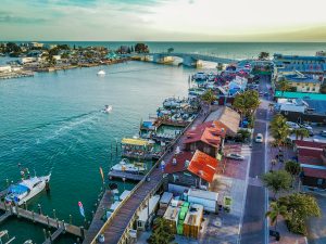 Drone photo high above John's Pass in Clearwater Beach, Florida