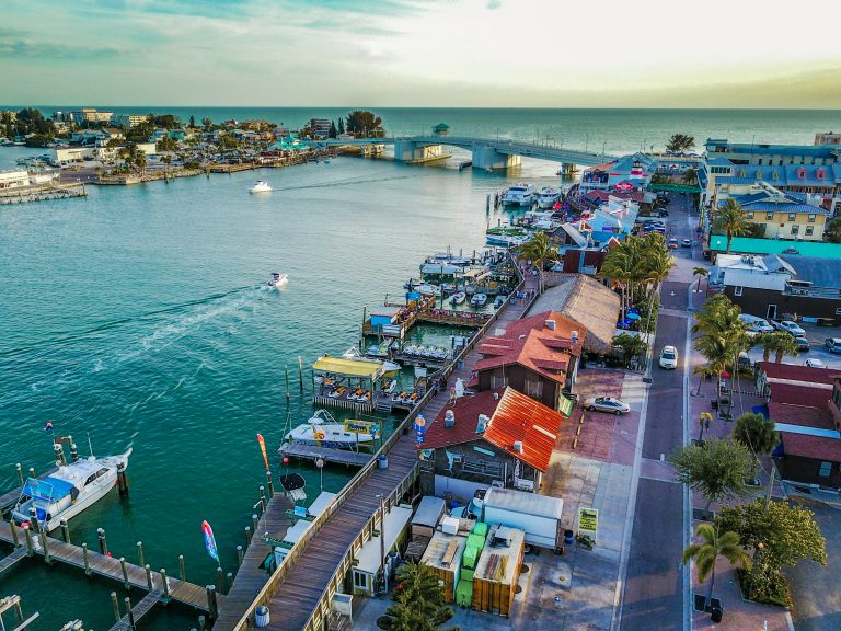 Drone photo high above John’s Pass in Clearwater Beach, Florida