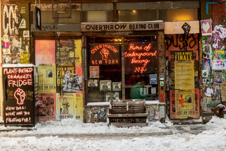 A boxing club on a snowy day in Lower Manhattan