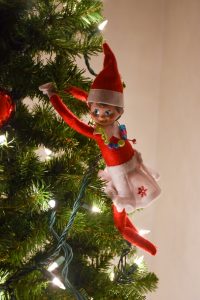 Elf on a shelf hanging from a Christmas tree