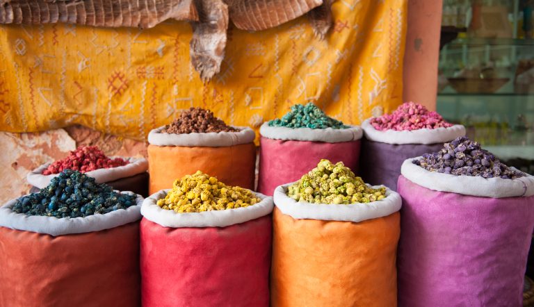 Sacks of dried spices and herbs in Marrakech