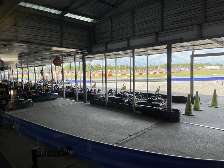 Karts lined up at a race track