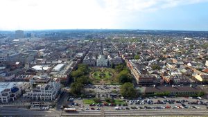 Jackson Square, New Orleans. Aerial drone footage.