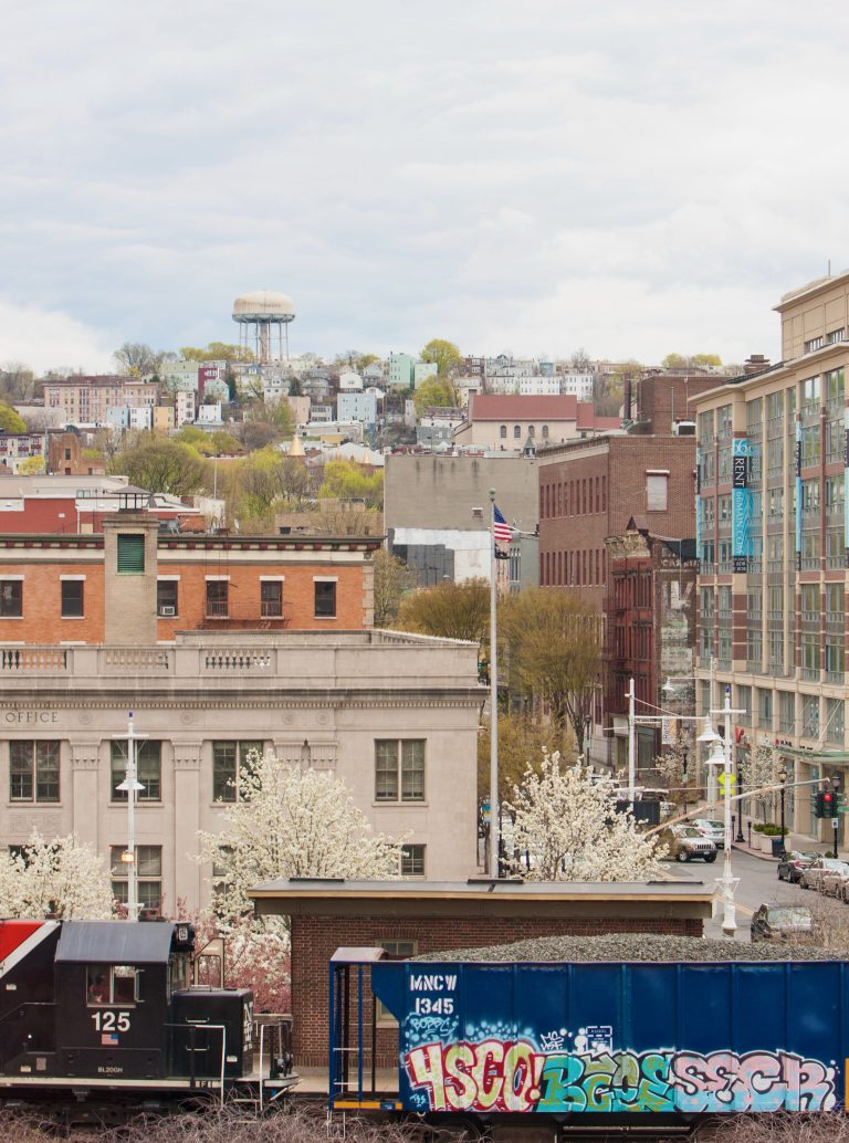 Graffiti on a freight train in downtown Yonkers, NY, in the spring