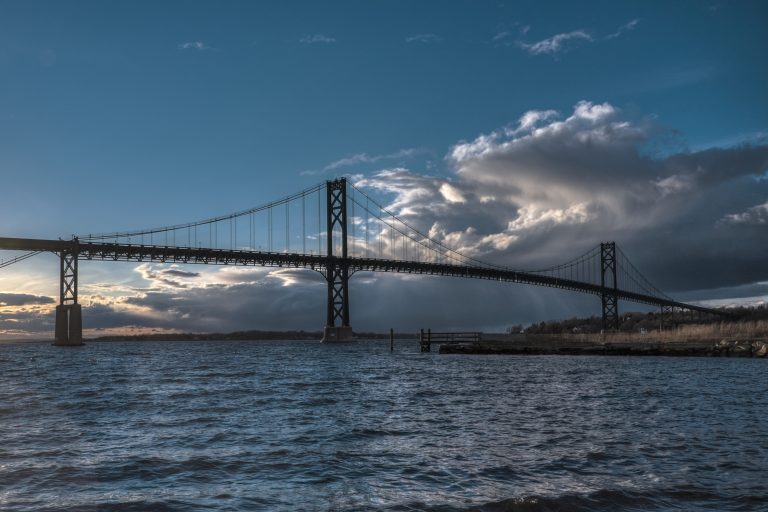 A storm approaches the Mt. Hope Bridge in Rhode Island.