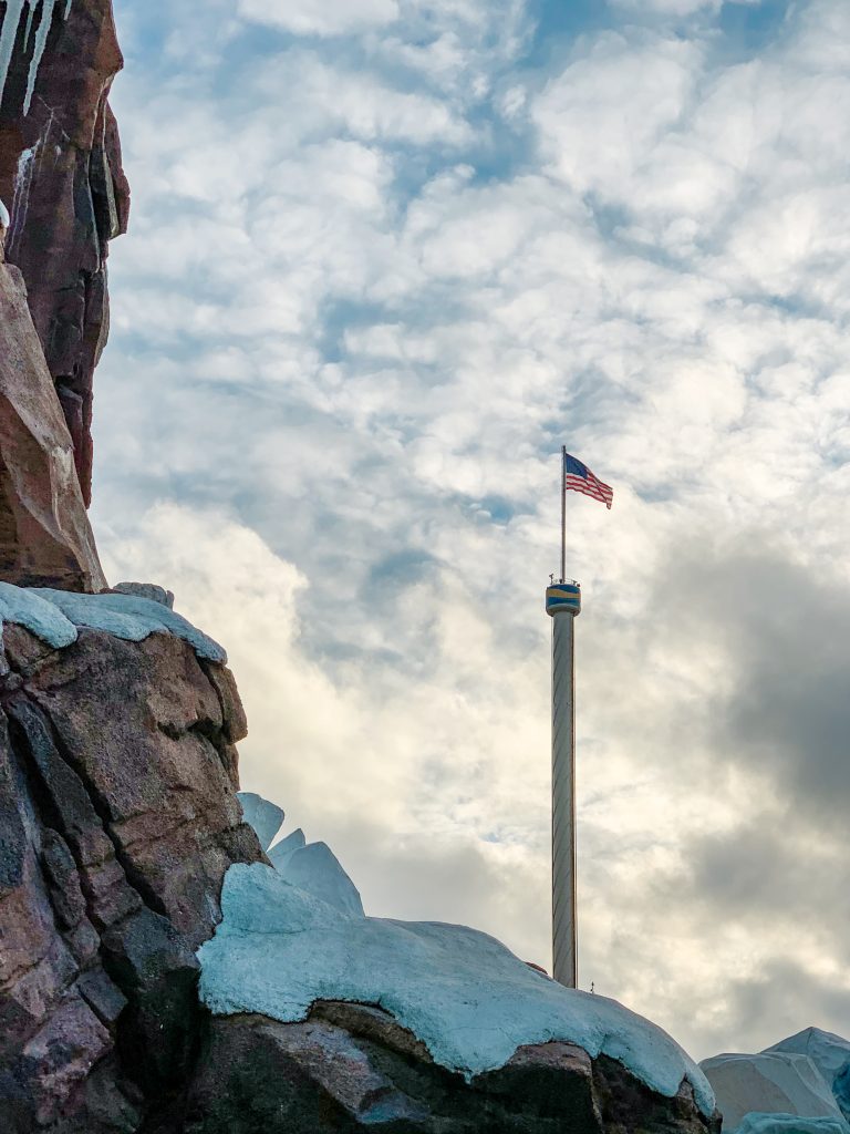 US flag at the top of the Sea World tower in Orlando, Florida