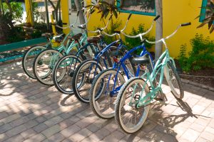 Row of blue and aqua bikes in the Florida Keys