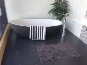 Bath with towel, bathmat and plant