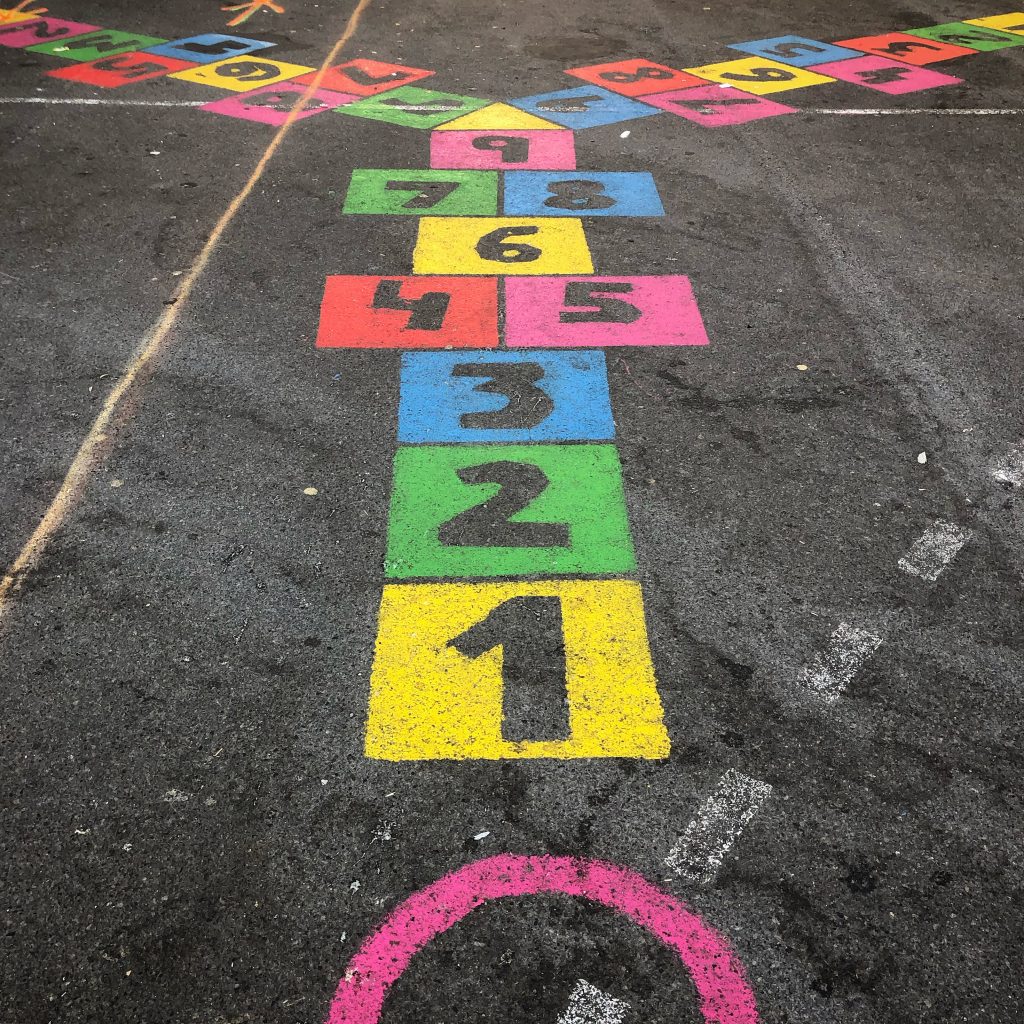 Colored numbers painted on the floor. Game for children.