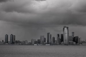 Jersey City skyline in black and white
