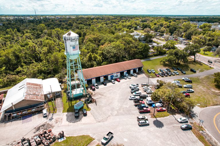 Aerial view of an old water tower in Downtown Oviedo, Florida