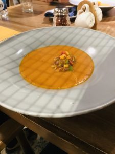 Ratatouille vegetables with tomato soup, pesto rusk
