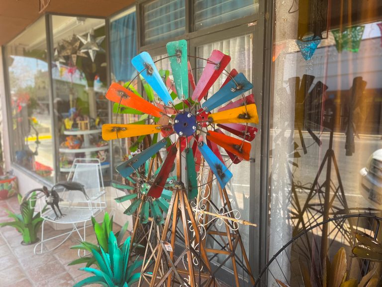 colorful windmill outside of an antique store in Fort Stockton, Texas