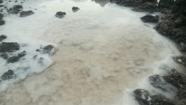 Salina costera. Salt. Agua salada. Evaporación. Rocks.