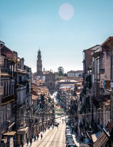 A street leading to Clérigos Tower in Porto, Portugal