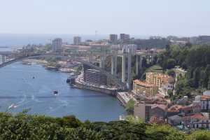 Bridge over the river in Porto overlooking the waterfront buildings