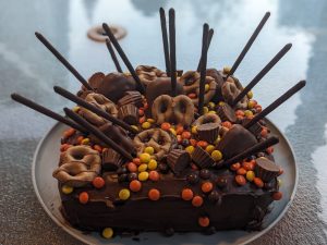 Decadent chocolate cake with candy
