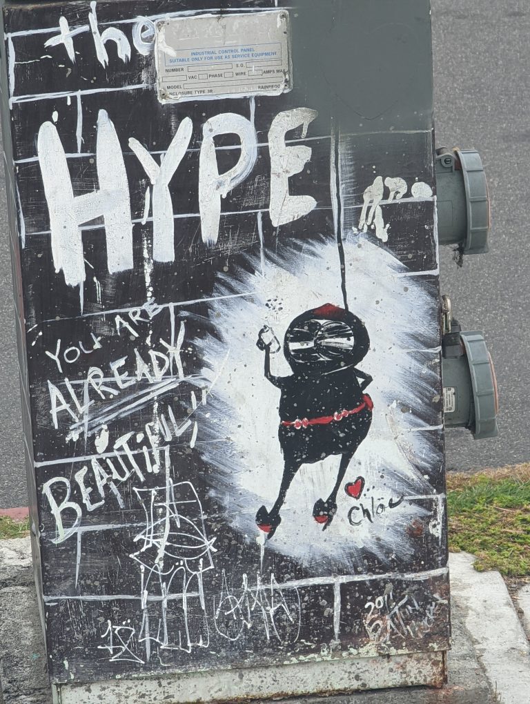 Graffiti on electrical box: ‘Don’t believe the hype, you are already beautiful’