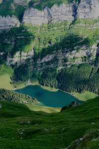 Topside view of the Seealpsee, a lake in the Swiss mountains